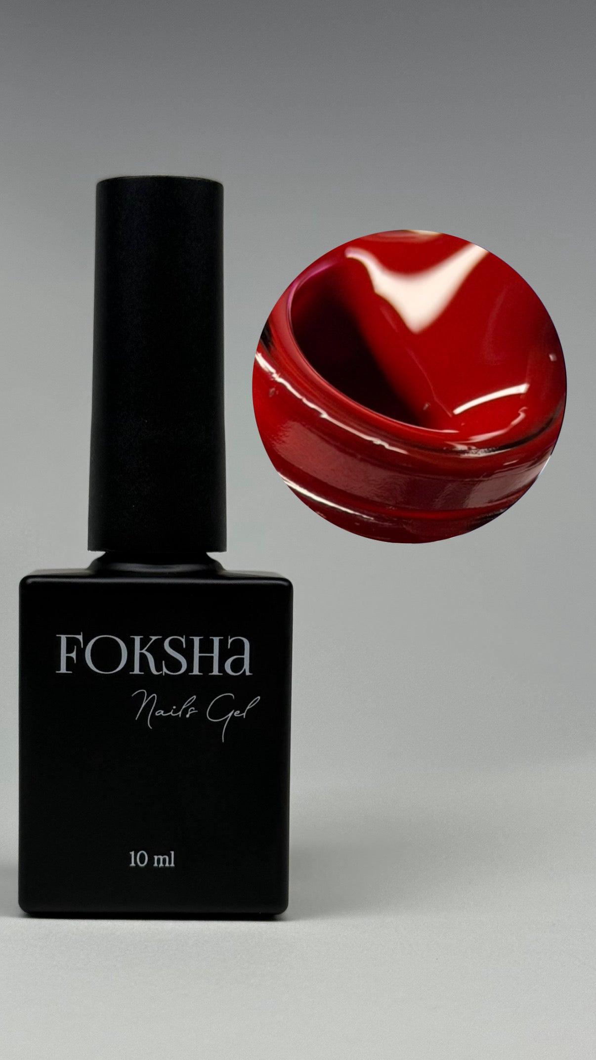 Foksha nail gel bottle with a close-up of red gel on a gray background