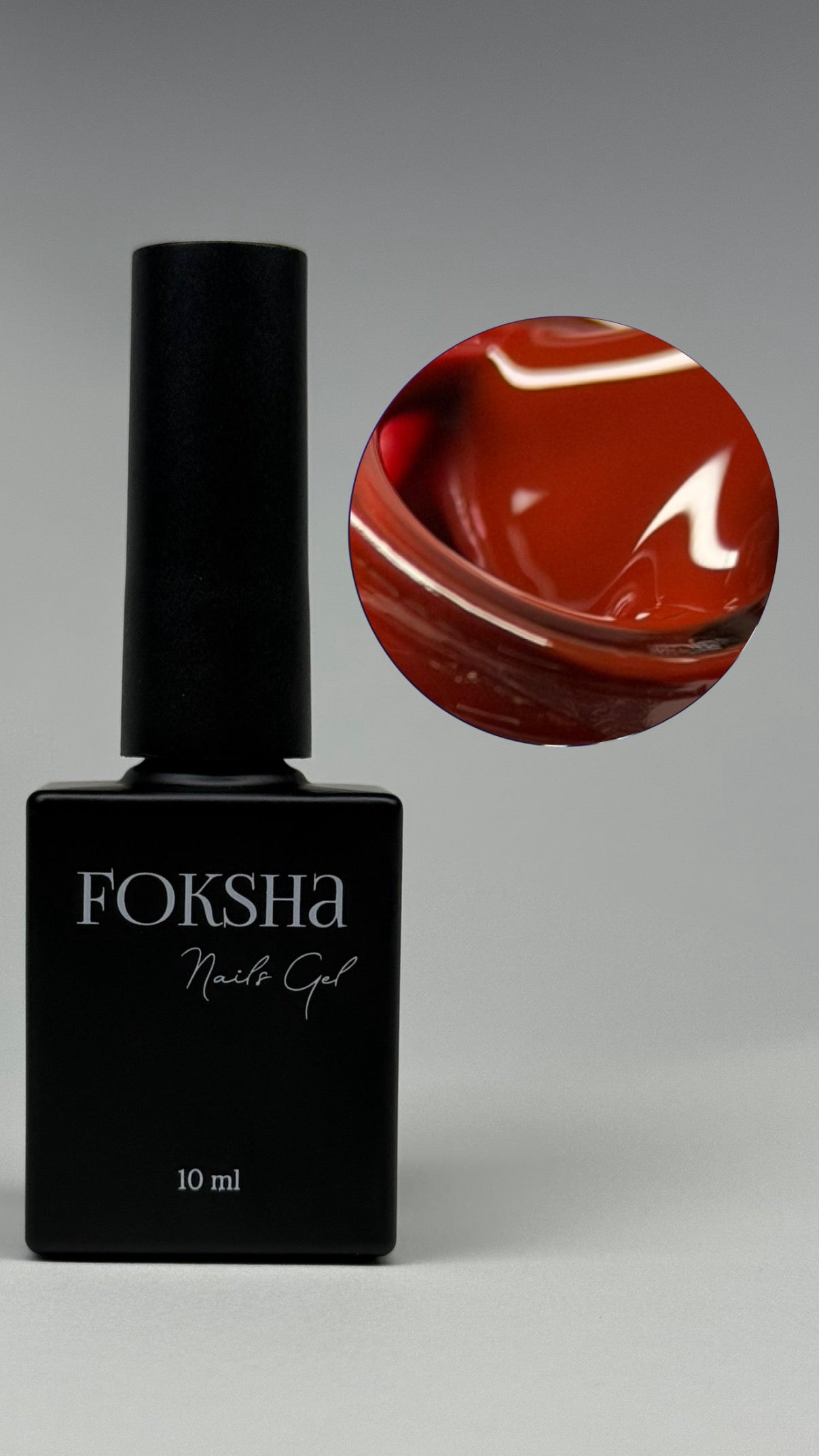 Foksha nail gel polish bottle with a close-up of the red gel color on a gray background