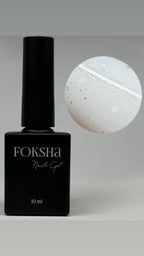 Black Foksha nail gel bottle with a close-up of a white gel sample on a gray background