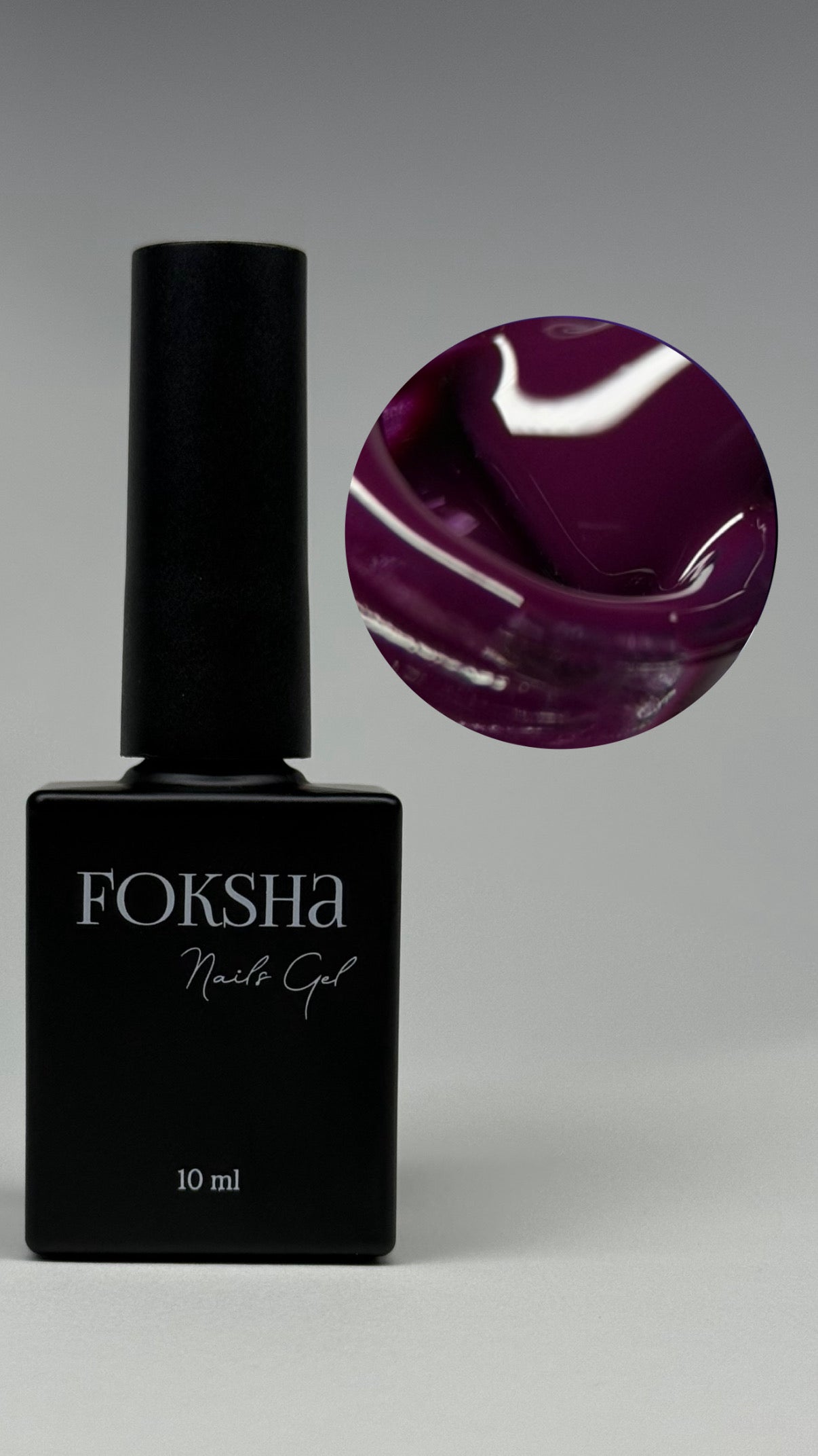 Foksha nail gel polish bottle with a close-up of purple gel on a gray background