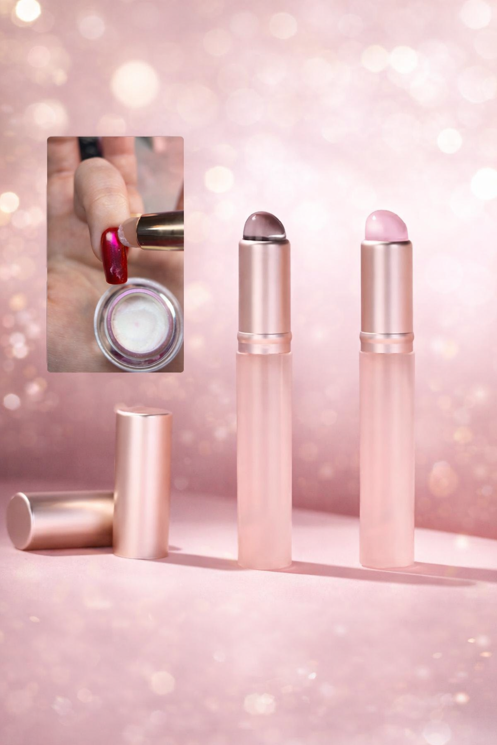Makeup products with a pink glittery background
