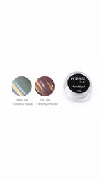 Three small containers of amethyst powder with color swatches on a white background