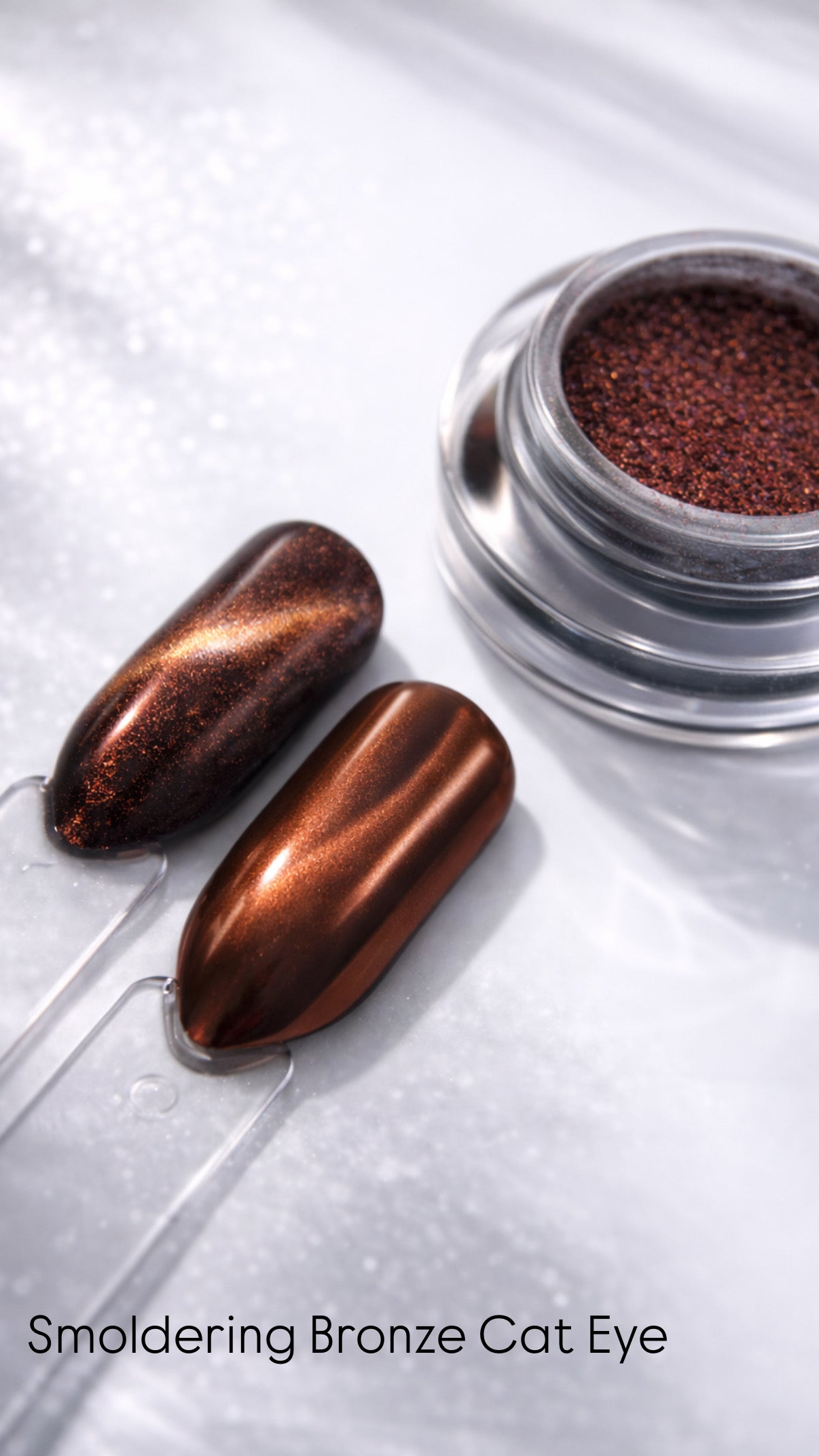Bronze-colored cat eye makeup on a white surface with 'Smoldering Bronze Cat Eye' text.