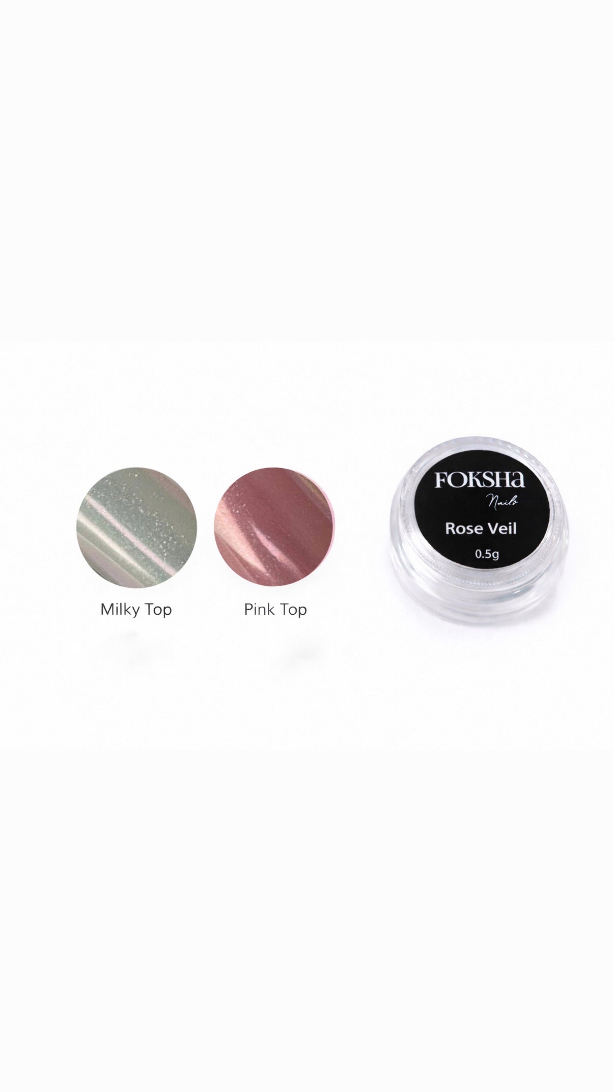 Two small containers labeled 'Milky Top' and 'Pink Top' next to a larger container labeled 'Rose Veil' on a white background.