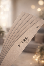Stack of Disposable Nail Files – 240 Grit with 'Foksha' branding on a blurred background