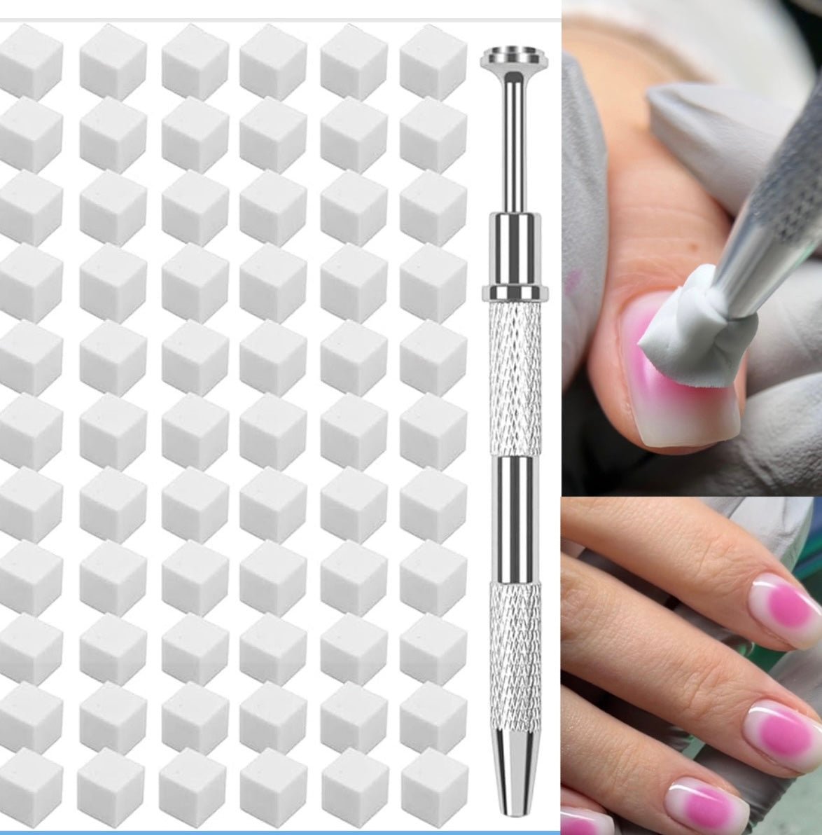 Set of white cube-shaped objects, a silver tool, and a close-up of a hand with pink nail polish.