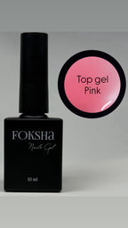 Black Foksha nail gel bottle with pink top coat on a gray background